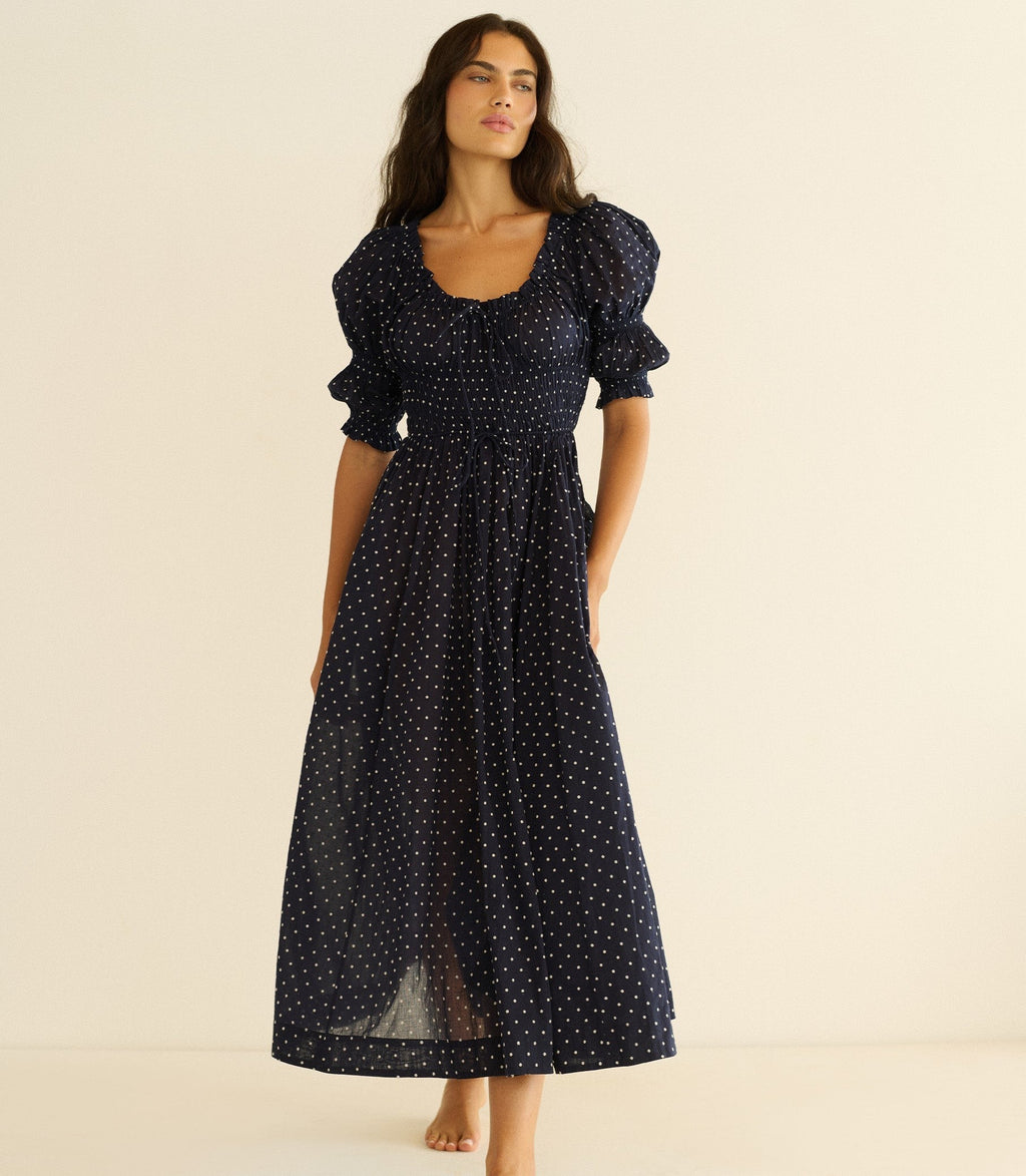 ISCHIA DRESS -- NAVY FLOCK DOT